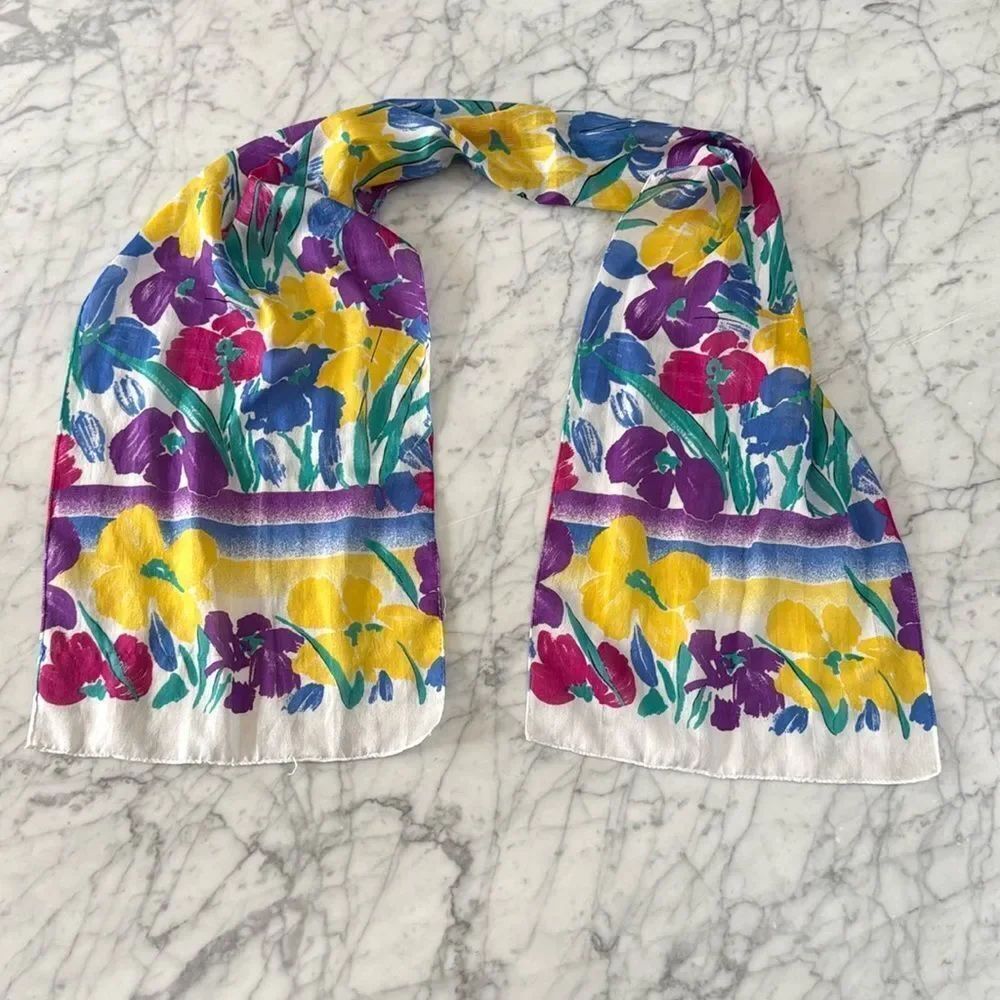 Bohemian Floral White Silk Like Scarf Women Shawl Head wrap 47” long